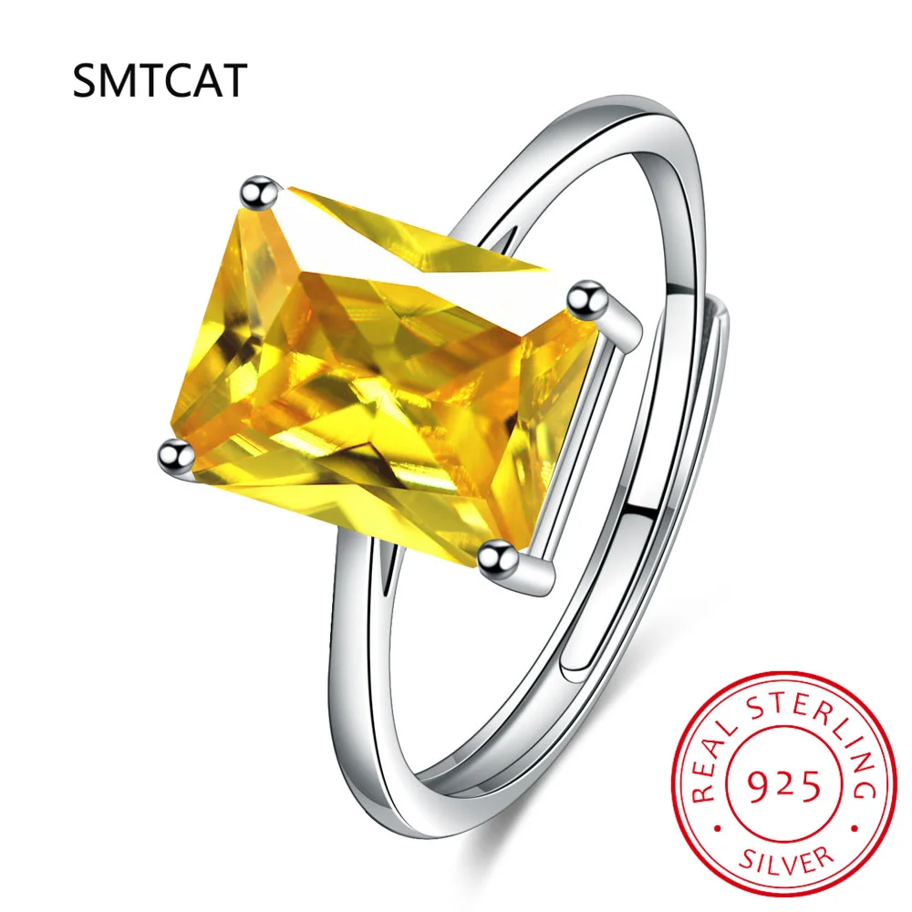 Emerald Cut Natural Yellow Citrine 925 Sterling Silver Geometric Rectangle Ring for Women  Statement Gemstone Jewelry Anillos