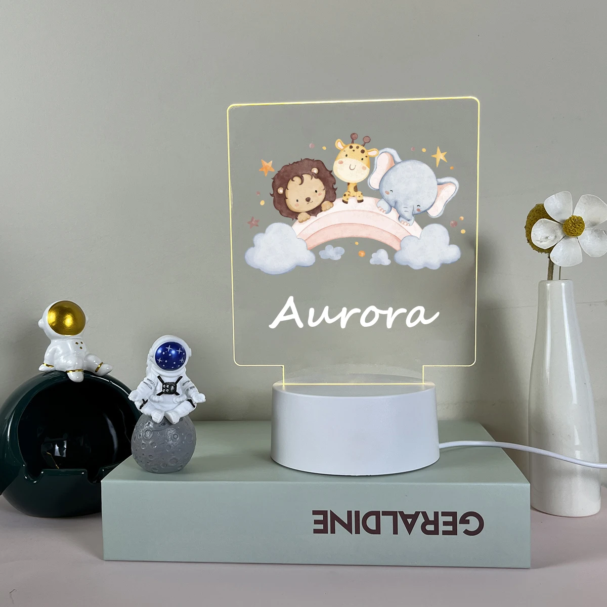 

1PC Cute Lion Elephant UV Print Personalized Name 3D Visual Acrylic Led For Baby Room Decor Animal Night Light Children's Gift