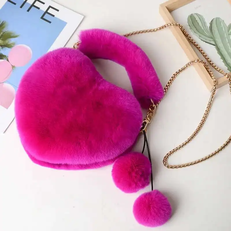 

Сумка Love в форме сердца из кролика рекса, женская сумка-мессенджер на одно плечо, модная плюшевая ручная сумка, женские мягкие сумки из натурального меха