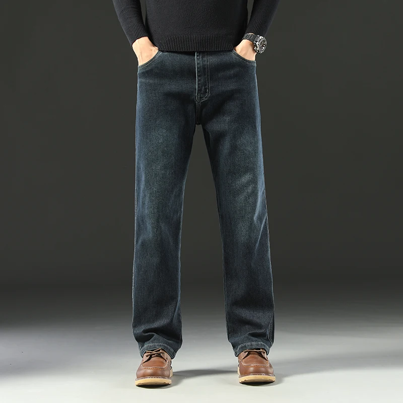

Классические мужские джинсы, свободные прямые брюки для зрелых мужчин, удобные повседневные эластичные брюки с толстой талией, для офиса и бизнеса