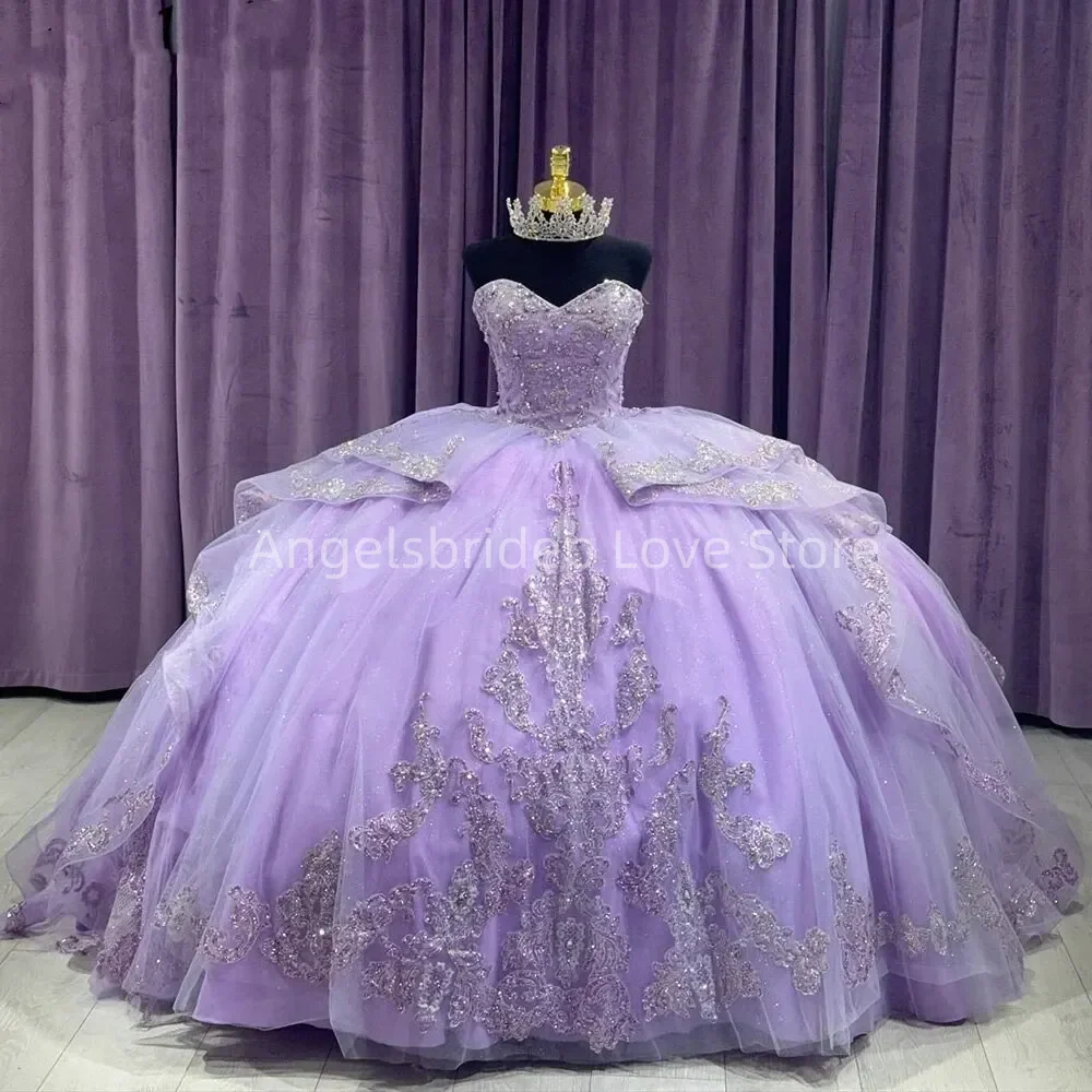 Angelsbridep Lilac Sweetheart Ruffles รถไฟ Ball Gown 15 ปี Quinceanera ชุด 2025 ที่กําหนดเอง Vestidos De Xv Años