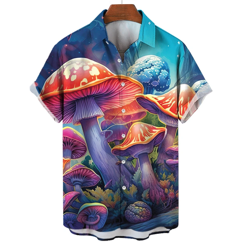 3D Printed Cartoon Mushroom Shirts For Men Clothes Harajuku Fashion Lapel Blouse Hawaiian Vacation Beach Shirts Y2k Short Sleeve