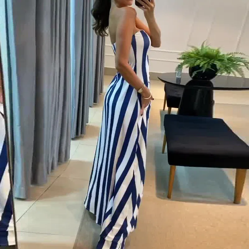 Fashion Women\'s Two Piece Outfits Tmperament Commuting Stripe Sexy Naked Bra Top & Loose Pant Skirt Set 2024 Summer