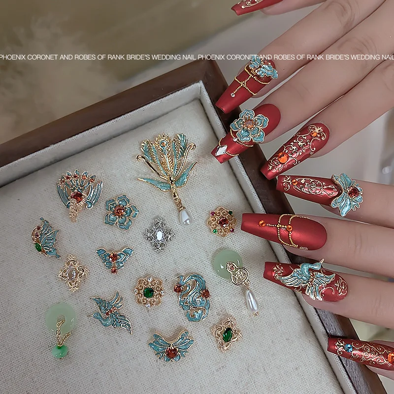 5 PCS new chinese style xiuhe wedding nail accessories with temperament phoenix crown and rosy glow colorful enamel bridal nail