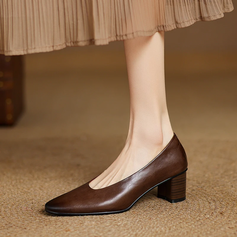2025 New Fashion Retro Women Pumps Shoes Chunky High Heels Spring Elegant Summer Round Toe Casual Shoes Woman Black Size 34-40