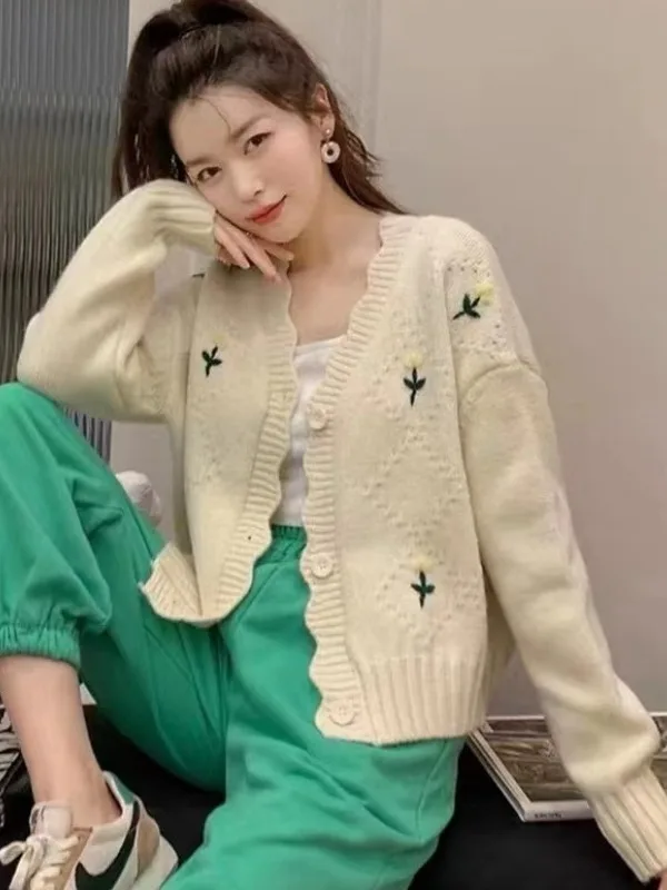 

ort Knitted Sweater Coat for Small Women Embroidered Design Casual Loose Fit Long Sve V-Ne Button-Up Autumn Winter Wom...