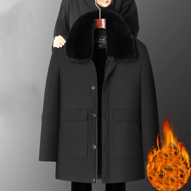 

Men Jacket Winter New Simple Solid Color Turn Down Collar Male Cargo Down Coat Mid Length Long Sleeve Windproof Man Outerwear