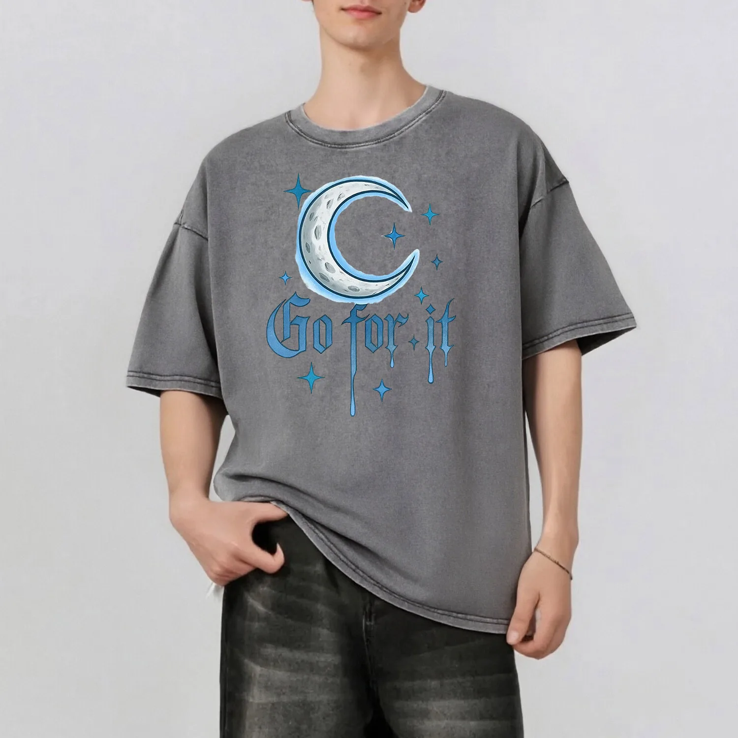 القمر الجرافيك الطباعة الرجال الصيف ريترو ستايل غسلها المياه تي شيرت عادية قصيرة الأكمام الأساسية الرجال أعلى 230 جرام