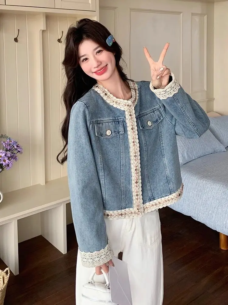 เสื้อโค้ทเดนิม 2025 ฤดูใบไม้ผลิ/ฤดูใบไม้ร่วงออกแบบสั้นลูกไม้คาร์ดิแกนผู้หญิง