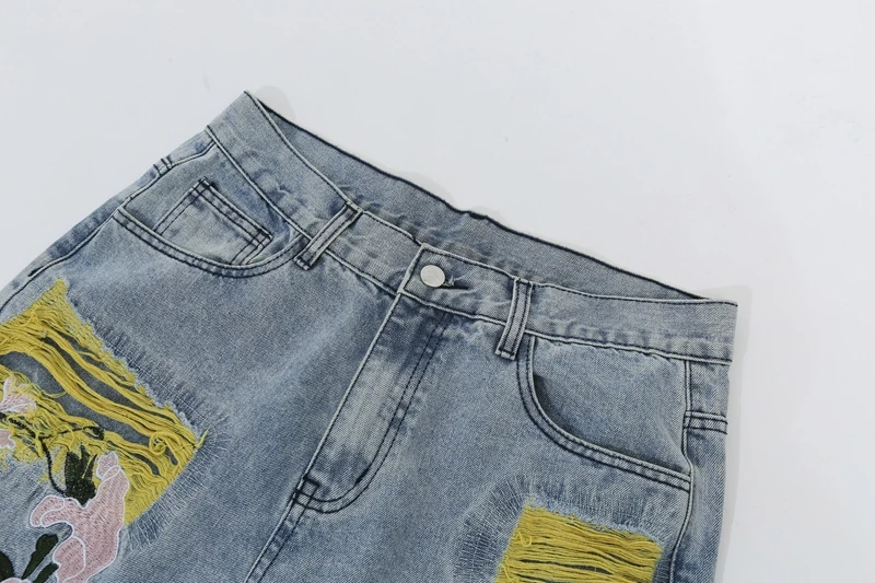 Chinesische Malerei-Stickerei auf Denim-Jeans für Herren, Streetwear mit Falten und Quasten, Distressed Destroyed Jeans, Gerade geschnittene Hose – Detail 8