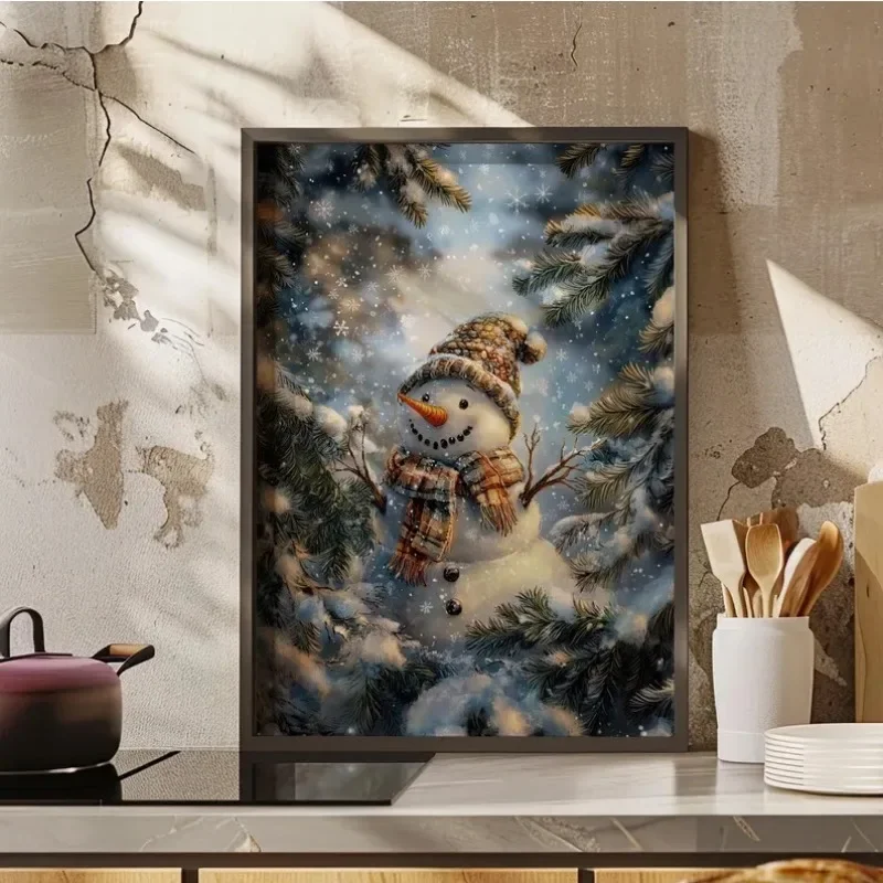 Multiple sizes 1pc frameless Canvas Painting Whimsical Evergreen Snowman in A Winter Wonderland Wall Art Poster, Cheerful Snowy