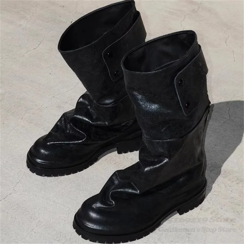 Vintage Knight Boots Men Round Toe Button Decoration Pleated Workwear Chelsea Boots Functional Style Loose Fashion Boots