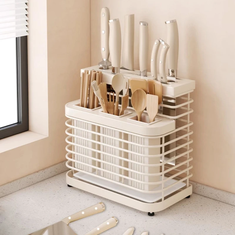 Cream Aesthetic Stainless Steel Knife Block Organizer All-in-One Countertop Storage for Knives & Utensils Kitchen Tool Holder