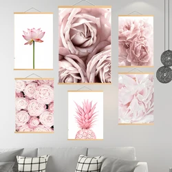 Modern Blooming Flower Pink Wood Haning Wall Art Canvas Girl Scroll Paintings Canvas Living Room Decoration Poster Nordic Style