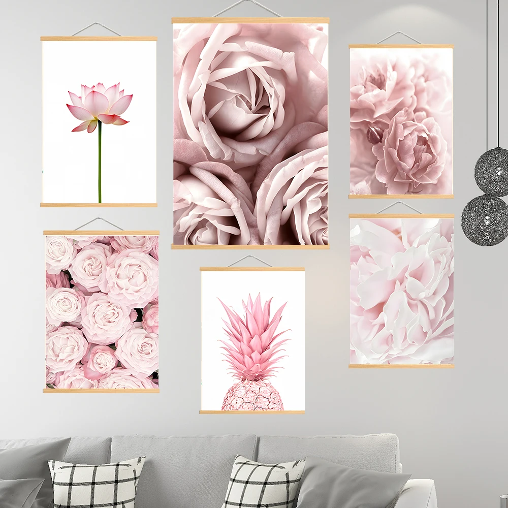 Modern Blooming Flower Pink Wood Haning Wall Art Canvas Girl Scroll Paintings Canvas Living Room Decoration Poster Nordic Style