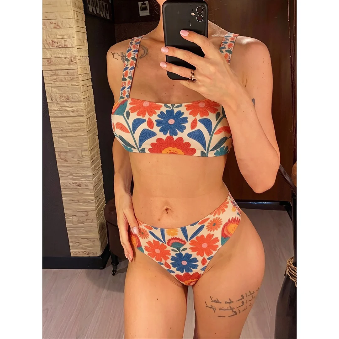XS - XXL, Damen-Badeanzug mit Blumenmuster, hoch geschnittener Bikini, zweiteiliges Bikini-Set, Badebekleidung, Badeanzug, Modell V8350. – Detail 2