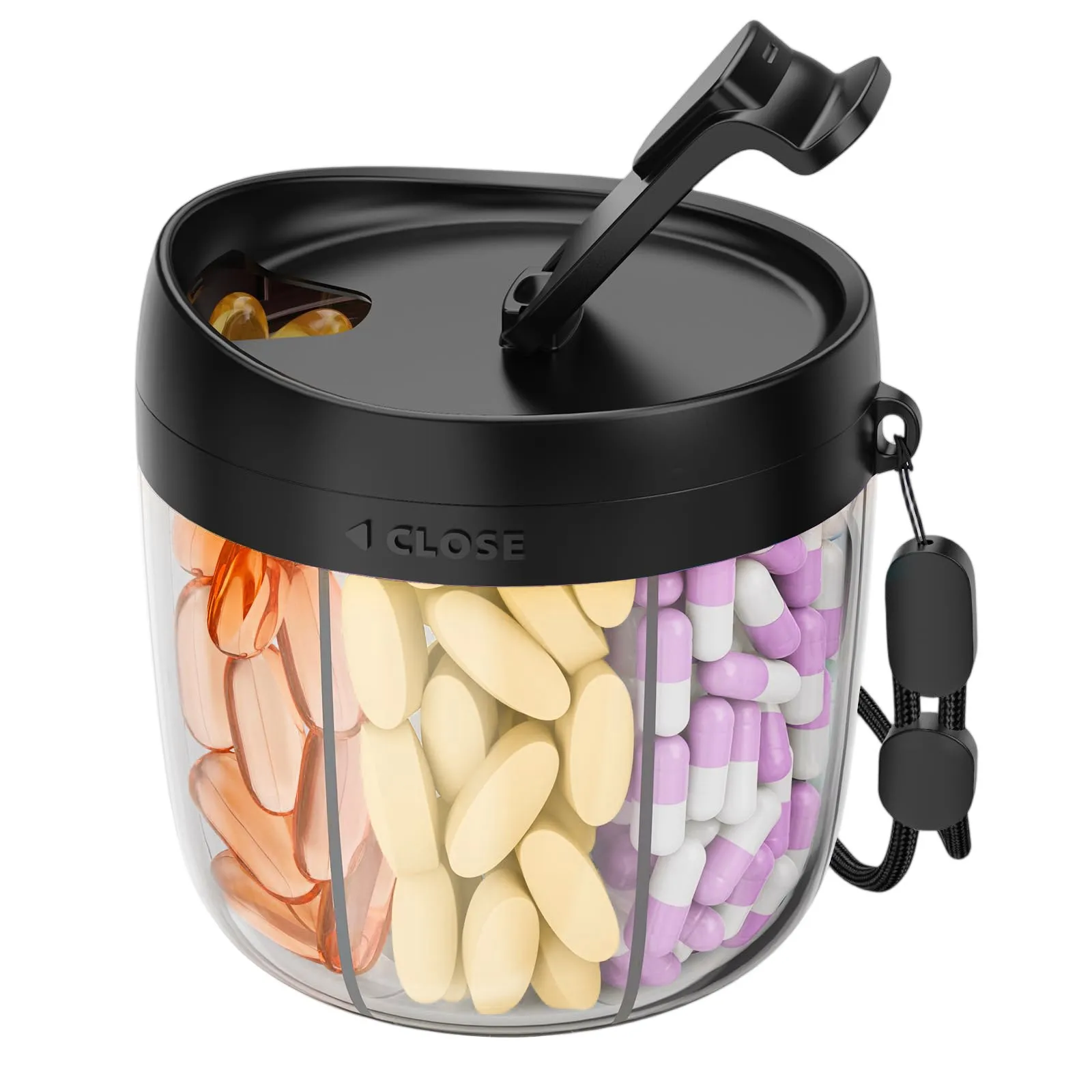 زجاجة توزيع حبوب الدواء ذات سعة كبيرة مع منظم فيتامين 7 مقصورات للسفر والمشي لمسافات طويلة وكوب حاوية حبوب منع الحمل المحمول الخالي من مادة Bpa