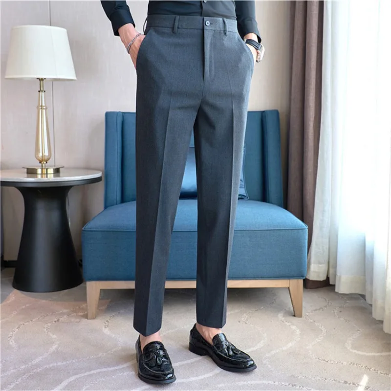 

Classic Solid Color Suit Pants for Men's Elastic Slim Fit Casual Business Formal Pants Office Social Trousers Brand Men Clothing