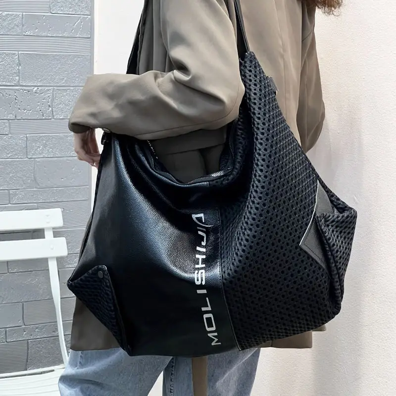 Large-capacity Tote Bag Women Mesh with Cowhide Top Handle Handbag Women Crossbody Bag Female Simple Shoulder Bag