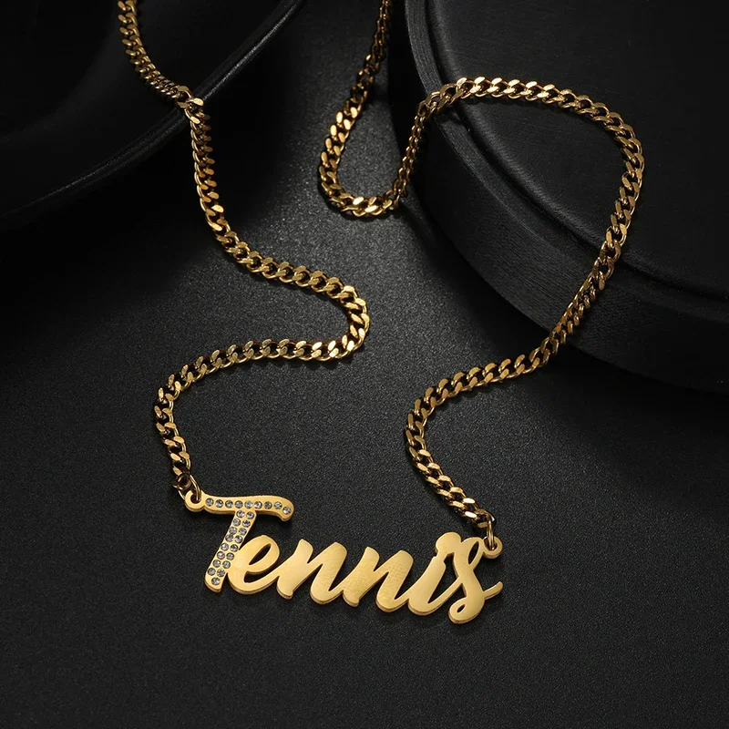 

Personalized Custom Shiny Zircon Name Necklace for Women Stainless Steel Bling Nameplated 4mm Cuban Chain Christmas Jewelry Gift