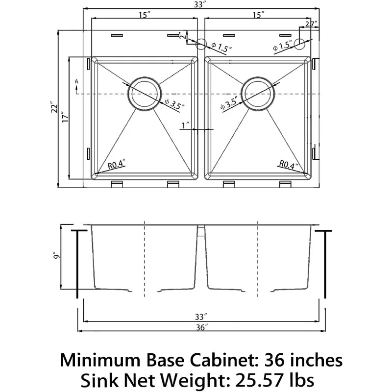 Évier de cuisine en acier inoxydable 304 à double cuve, évier noir uniquement, 33 po x 22 po x 9 po