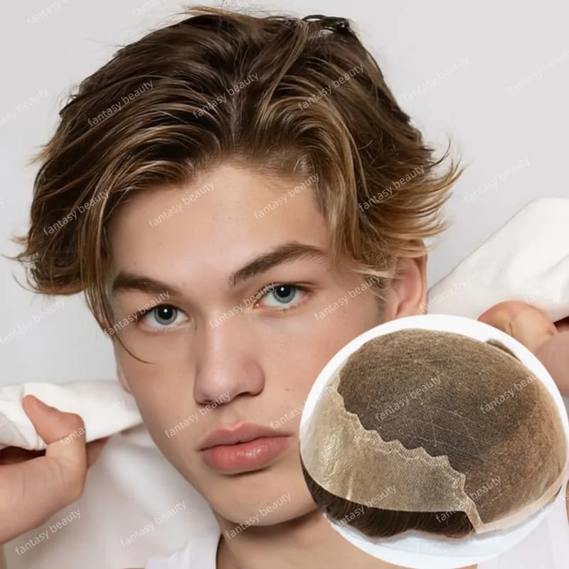 أحلك بيج أشقر بني # 7 # 17 عقدة مبيضة متينة Q6 للرجال، أنظمة استبدال شعر مستعار طبيعي غير مرئي للرجال