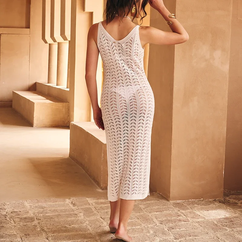 BWQ, nuevo estilo, Color sólido, cuello en V, ropa de playa tejida, cubierta para mujer, vestido de protección solar para vacaciones en la playa, vestido calado a la moda