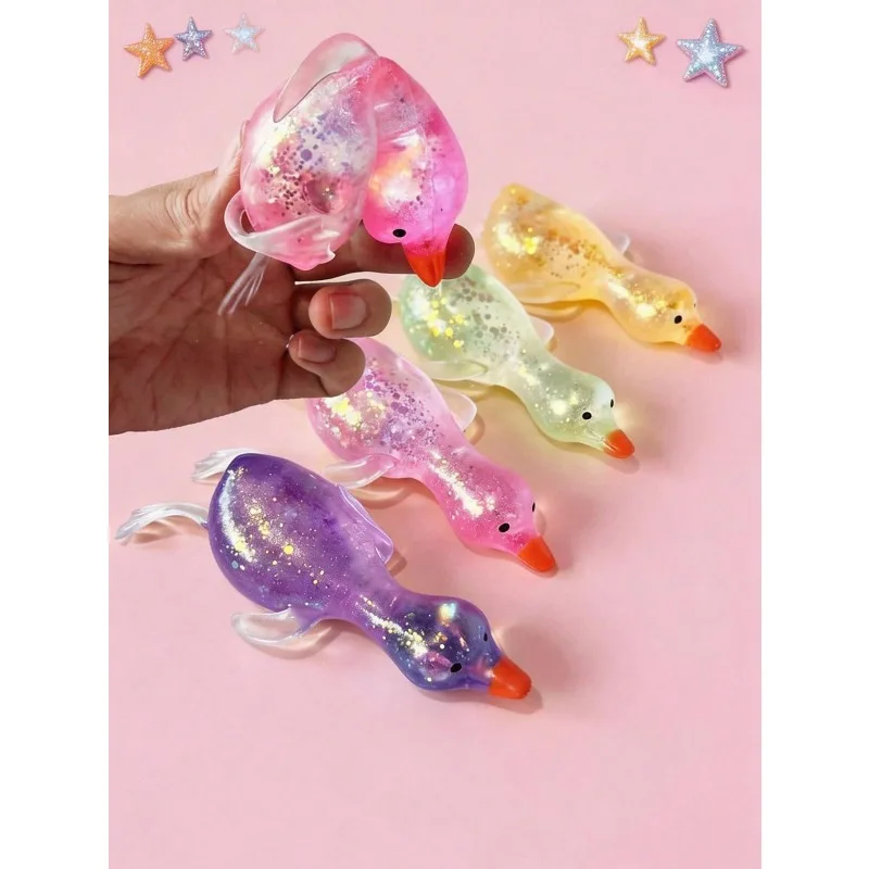 Transparent Glitter Sequins Duck Squishy Soft TPR Squeeze Toy Stress Relief Fidget Toy Cartoon Animal Sensory Decompression Kids