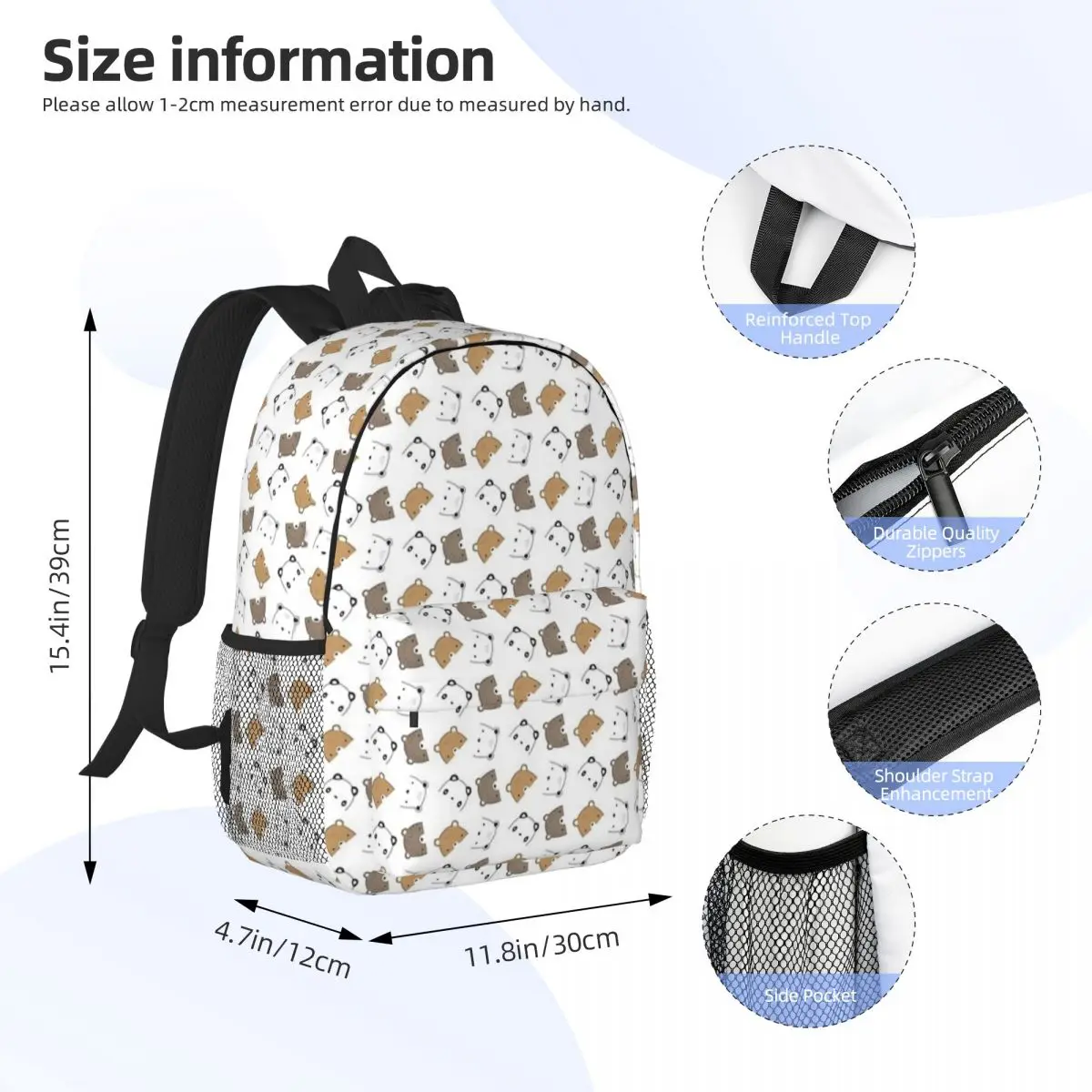 Ursos bonitos toda a mochila impressão, alta capacidade, impermeável, saco do portátil da faculdade, saco do livro do curso, na moda, nova moda, 15"