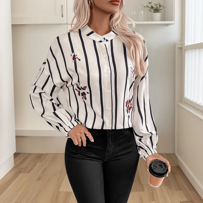 Women's Striped Printed Shirt Spring And Autumn Stand Collar Long Sleeve Casual Ladies Street Style Blouse Personality Women Top