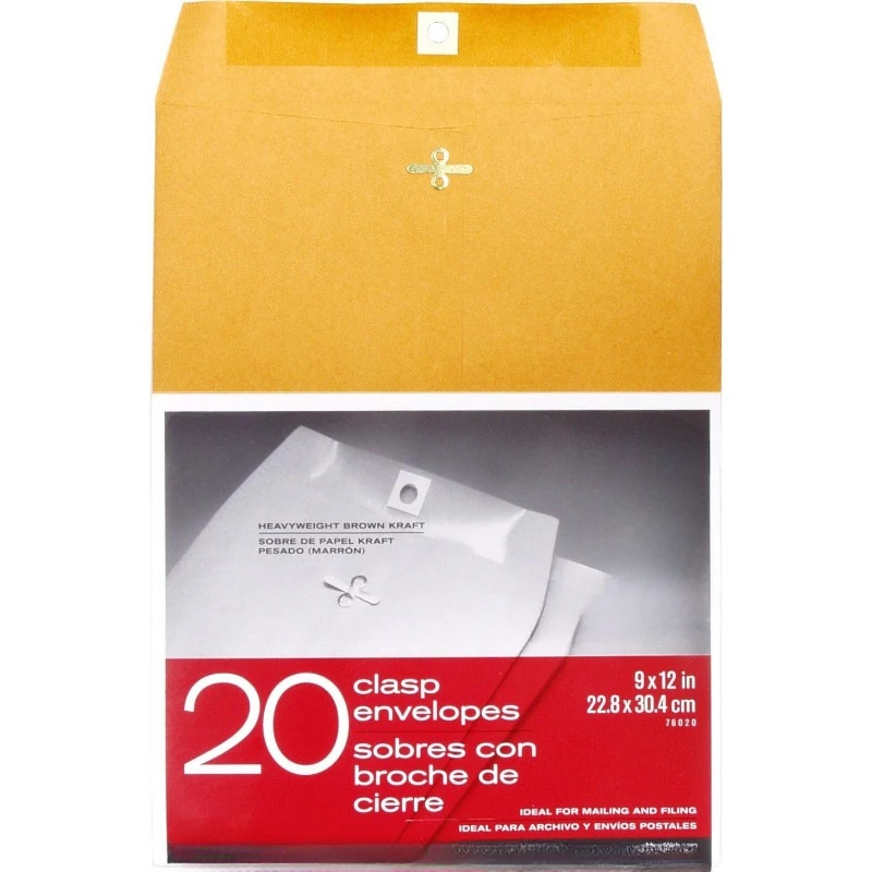 

Mailing Envelopes, Clasp Closure, 9" X 12", All-Purpose 24-lb Paper, Brown Kraft Material, 20 per Box (76020)