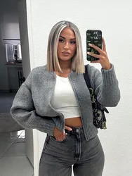 HH 2025 Women's Zipper Knitted Bomber Jacket Y2K Autumn Loose Round Neck Casual Sweater Women's Short Top Coat Thick