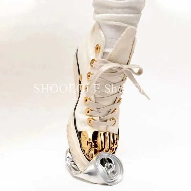 Gold Five-toed White Canvas Shoes for Men Lace-Up High top Shoes Breathable New Style 2024 Casual Flat Couple Shoes