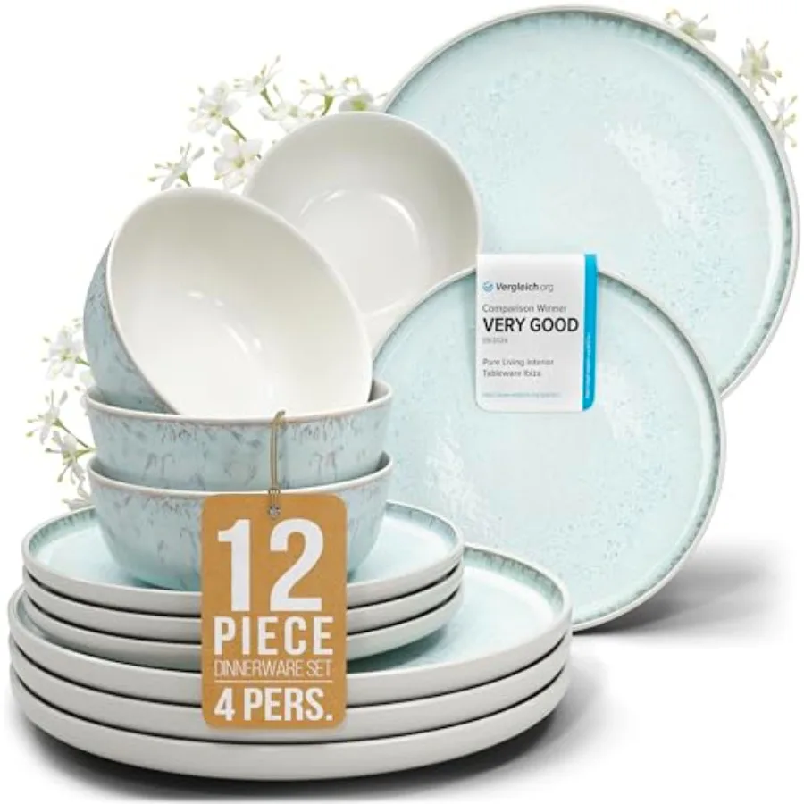 

Stoneware dinnerware set 4 persons 12 pcs Modern style plates and bowls set ceramic Dishwasher, microwave and scratch resistant