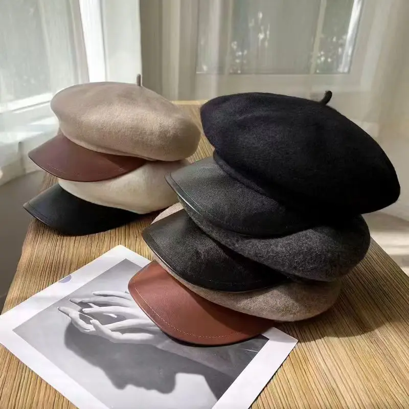 New Fashion Winter Vintage Wool Beret Hat For Women Solid Visor British Style Cap Warm Female Best Matched Top Quality Hat Gift