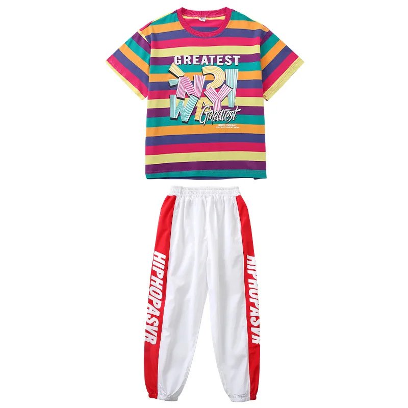 Kinder Street Dance Performance Kleidung Mädchen im ausländischen Stil gestreiftes T-Shirt Jungen Hip Hop Anzug