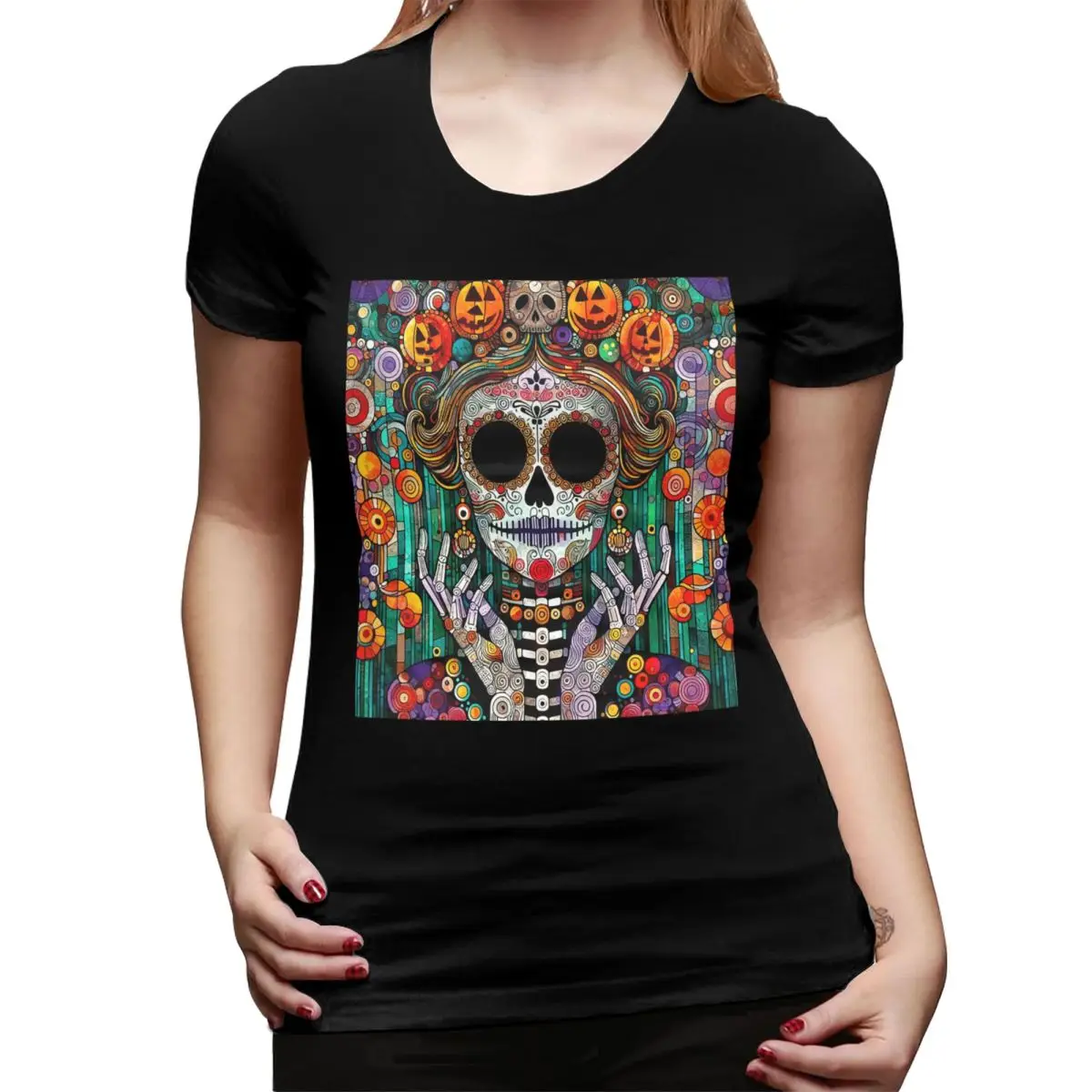 

Женская футболка с изображением мексиканской Катрины и сахарной черепа в стиле День мертвых, с круглым вырезом, уличная одежда, женская одежда с коротким рукавом, топы
