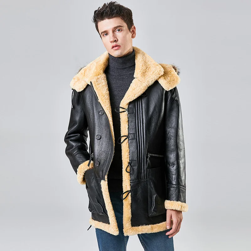 Winter Safari Jacket Men Natural Sheepskin Fur Integrated Long Air Force Hooded Coat Black Genuine Leather Sherling Overcoat