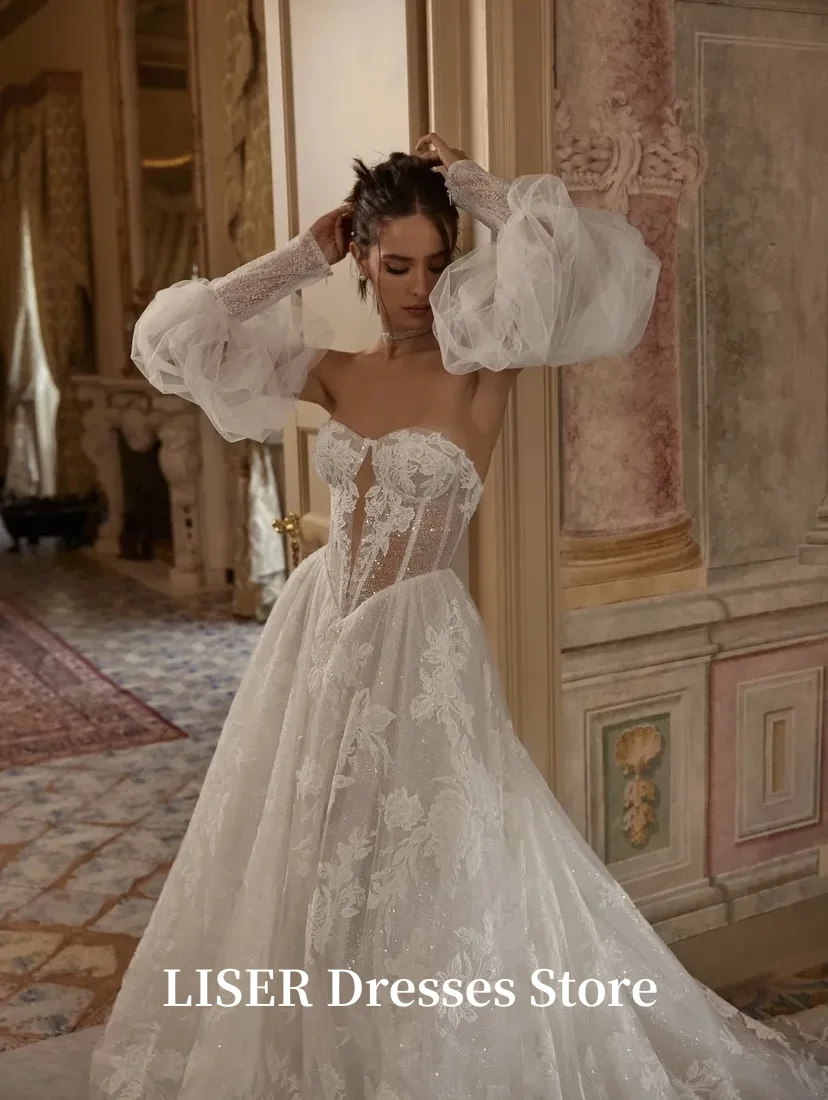 Liser Sweetheart Wedding Dresses Elegant A-Line Silk Lace Long Fairy Bridal Gowns Corset Back Customize robe de mariée Marriage