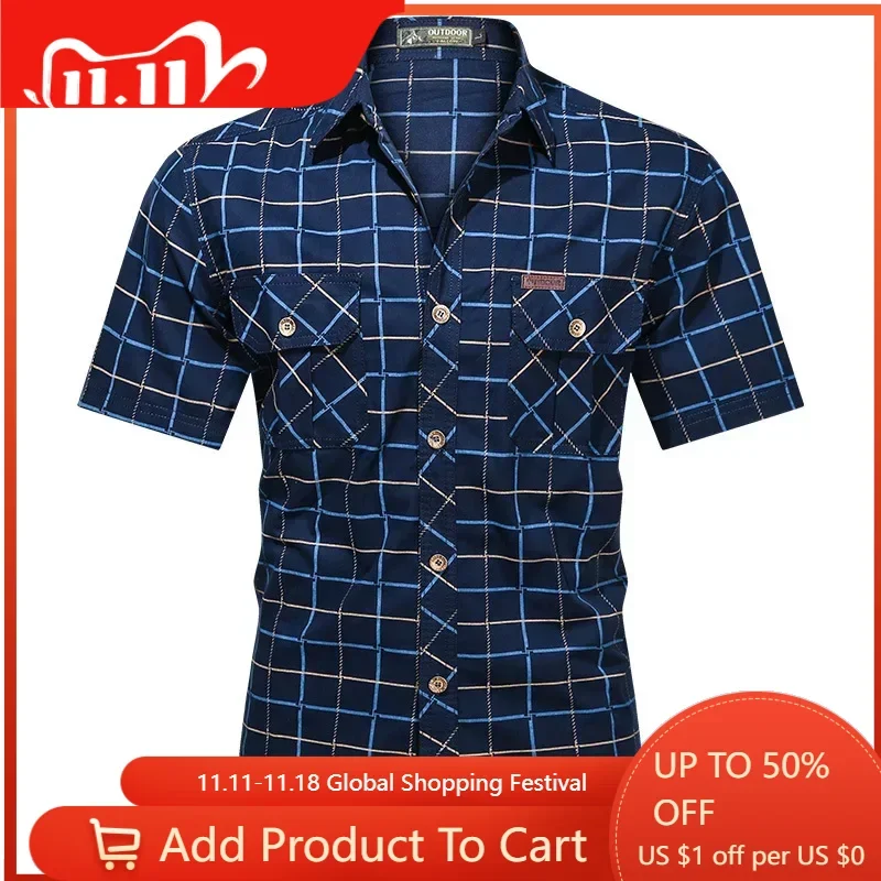 New Summer Men Plaid Shirts Male Military Outdoor Multi-pockets Tooling Shirts Quality Man Large Size short-sleeved Shirts 5XL