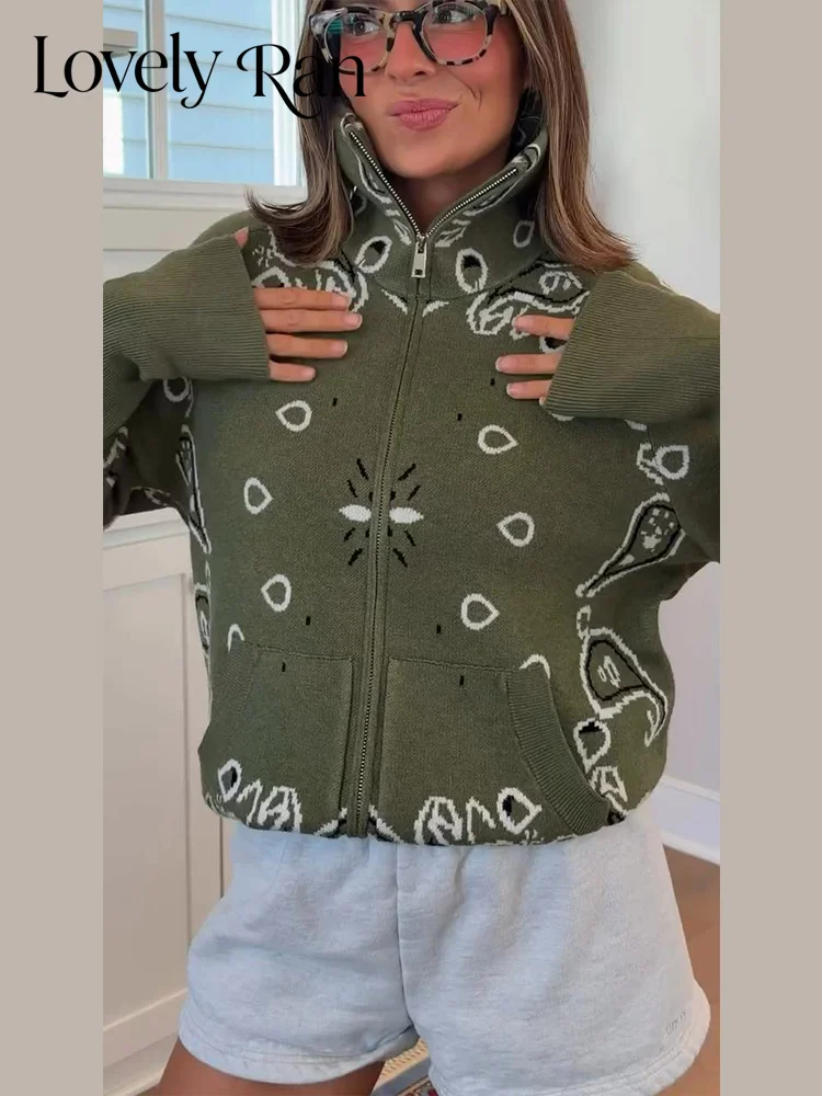 Coat Rack Standing - 秋の女性用カーディガン、シックなスタンドカラー、長袖、ジッパー付き、ジャカード柄、カラフルな女性用コート、ファッショナブルなレディースストリートウェア、2026年冬