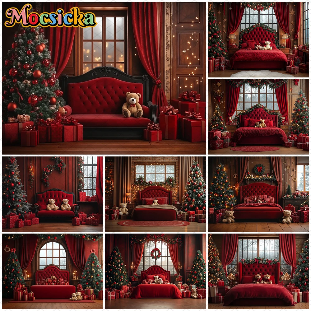 

Mocsicka Christmas Background Photography Home Red Bed Sofa Tree Decoration New Year Party Kid Photo Backdrop Festival Wallpaper