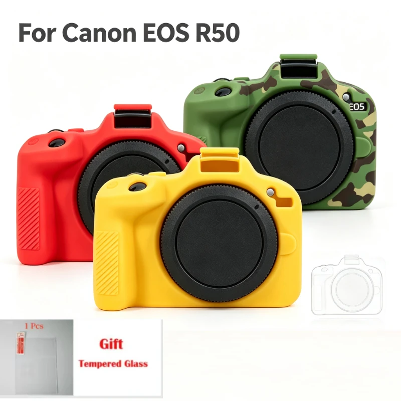 For Canon EOS R50 Soft Silicone Camera Protective Cover Shock‑Absorbing Rubber Skin Shell + 1PCS Free Tempered Film