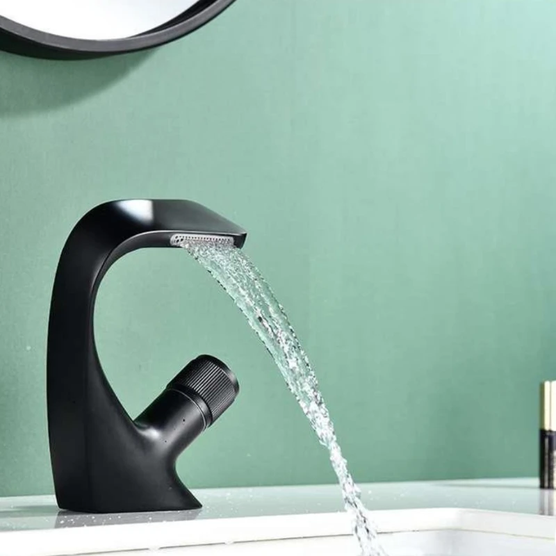

Matte Black Basin Faucets Waterfall Modern Brass Bathroom Faucet Deck Mount Simple Design Crane Cold Hot Water Mixer Tap