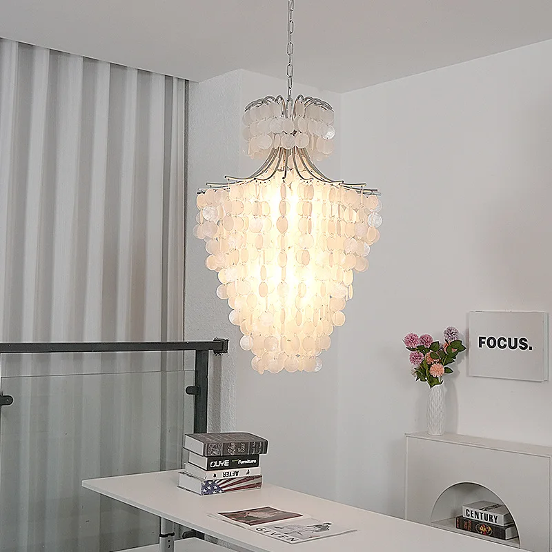 

French cream medieval shell chandelier dining room duplex loft staircase living room lamp