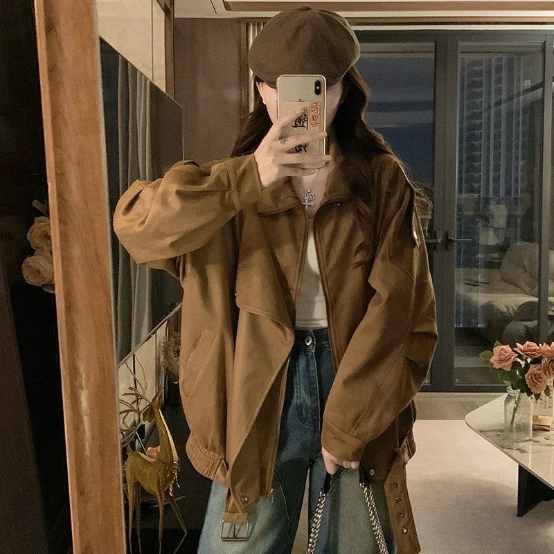 

Vintage PU Leather Jacket Women Spring Autumn New Retro Black Brown Casual Fashion Zipper Loose Leather Moto Biker Coat