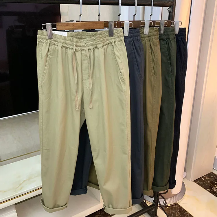 

l Comfortable Men's Casual Pants Elastic Waist Belted mid High Waist Straight Leg Nine Point Leisure Trousers