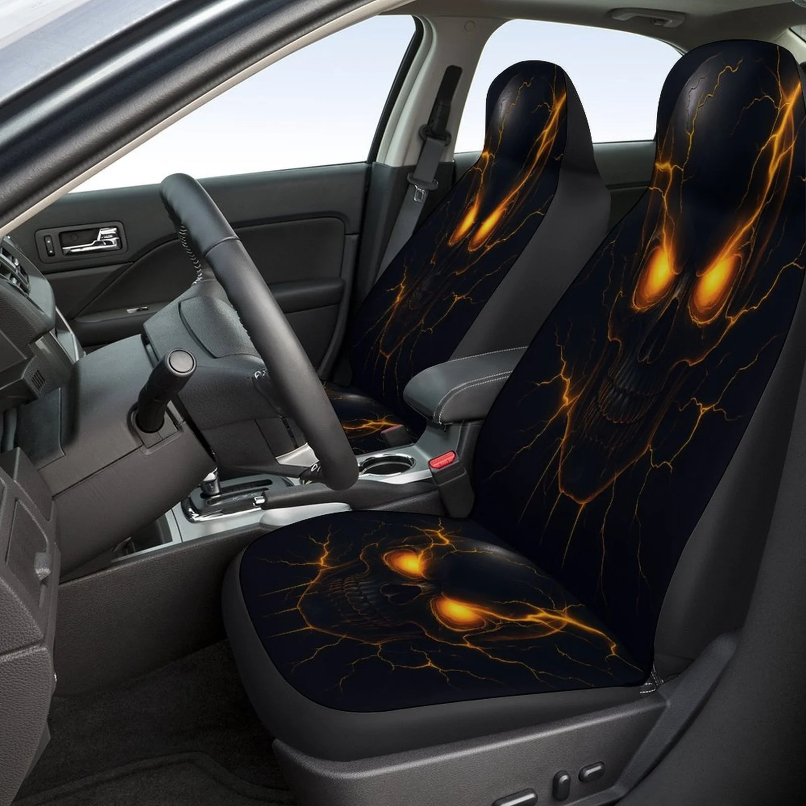 Fiery Skull Aura Designed Car Seat Covers Set For Most Cars, Trendy Novelty Decorative Car Seat Protector Covers Full Set, Unive