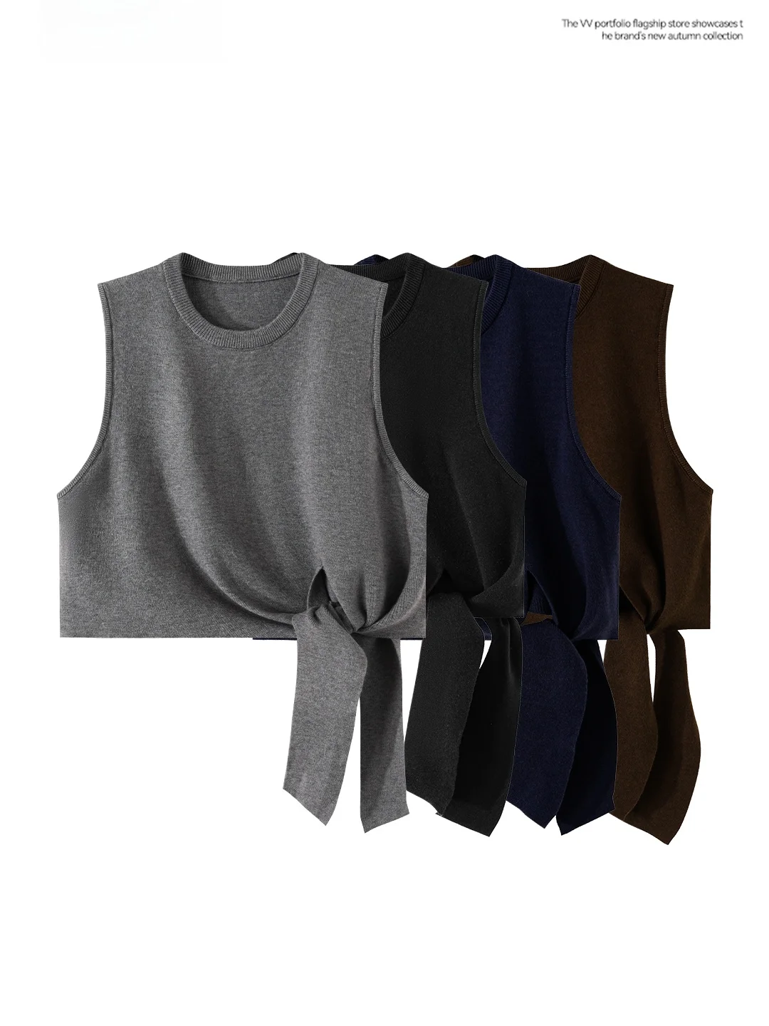 Simple Knitted Short Vest Women's Outerwear Workwear Style Pure Color Design Belted Bottom round Neck Spring Top