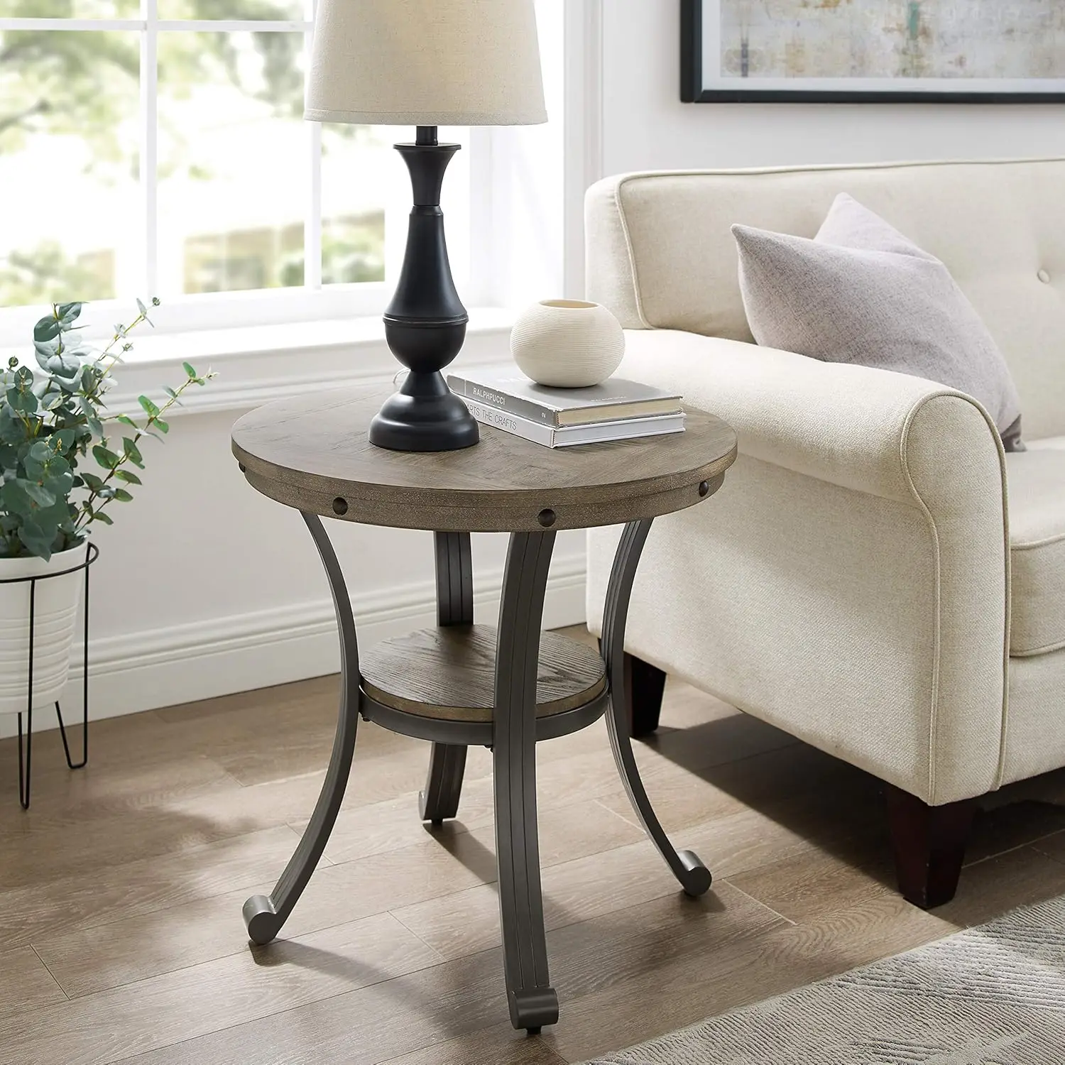 Pewter Metal and Rustic Wood Side Table Franklin Dining